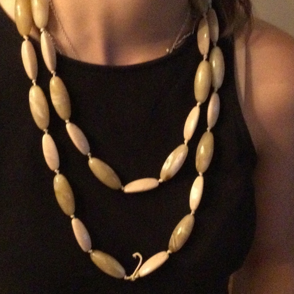 Long natural stone beige beaded necklace